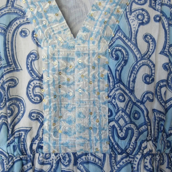 Azure Indigo Blue White Dress Small Blockprint Short Sleeves Tassel Sides Boho - Picture 8 of 11